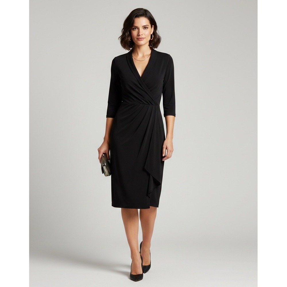 Antonio Melani Womens V-Neck 3/4 Sleeve Wrap‎ Black Sheath Dress XS